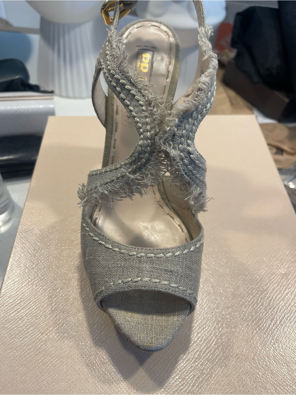 Prada rare taupe Frayed Cross-Strap Open-Toe Heel - Picture 1 of 4
